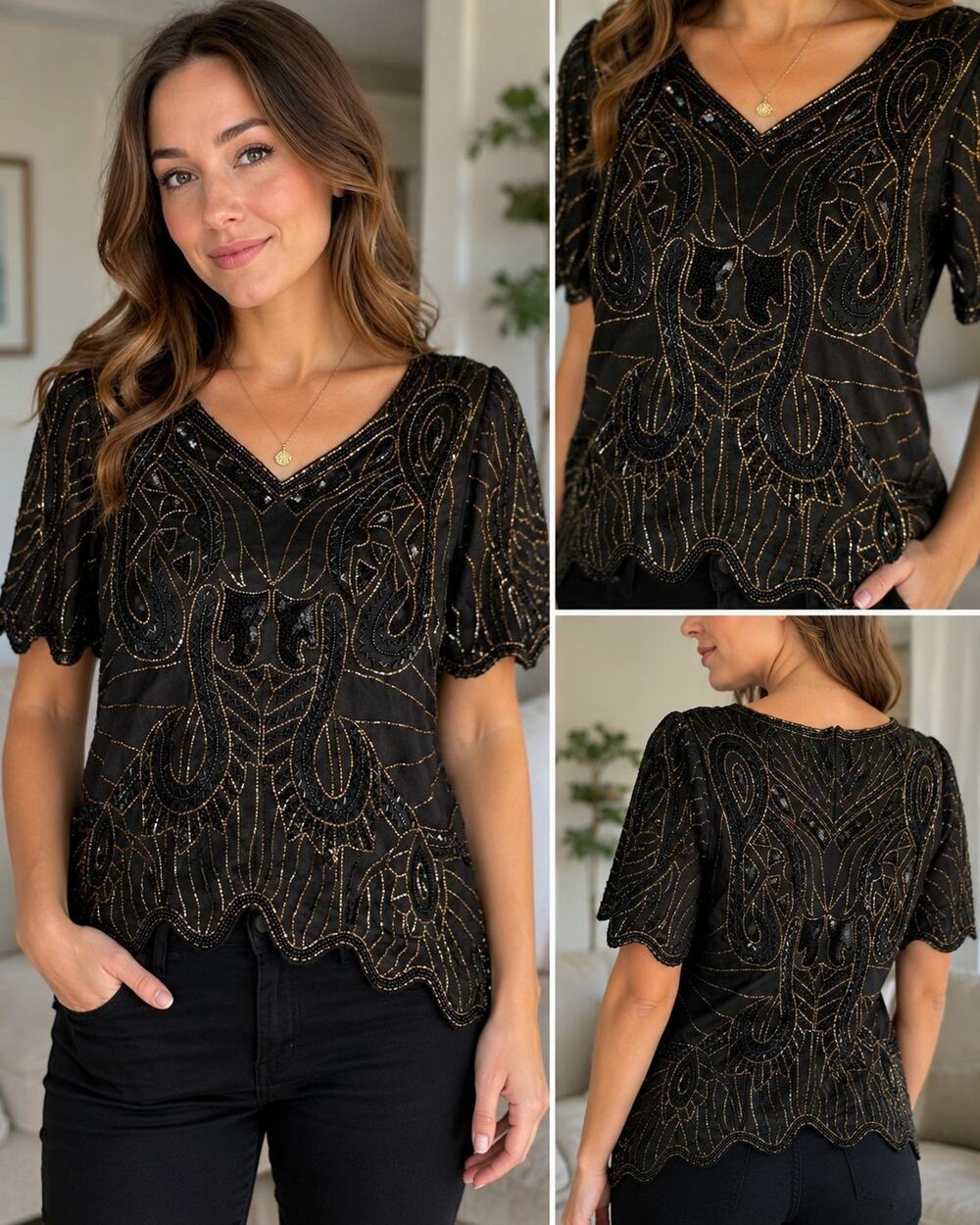 Vintage Scala Black Silk Beaded Sequin Blouse Top Women's PM Petite Medium India